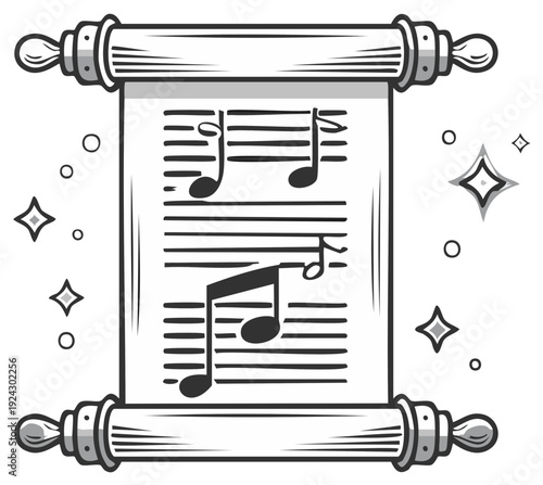 Illustrated Scroll with Musical Notes for Song Composition and Melody Writing