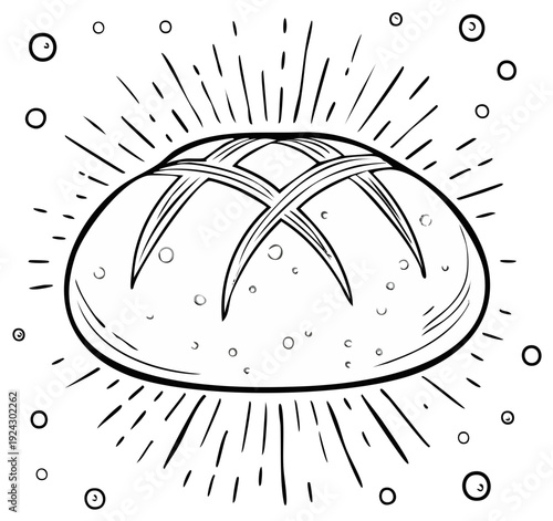 Crusty Loaf of Bread with Lines and Bubbles Graphic Outline Illustration for Food, Bakery, Design Concepts