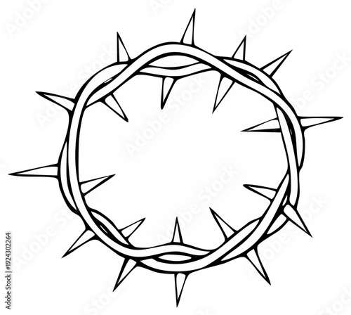 Illustrative crown of thorns hand drawn in black and white representing sacrifice and suffering