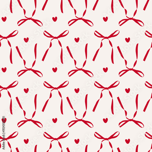 Minimalist pattern with red bows and hearts on white background. Cute girly printable ornament