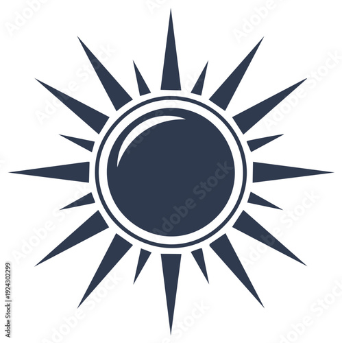 Illustration of a stylized sun with radiating light rays in navy blue, symbol of summer heat and solar energy