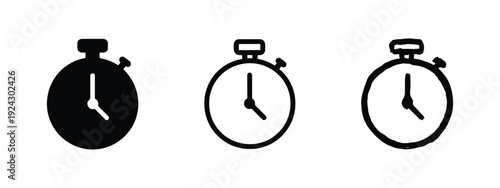 Stopwatch Icon Set - Three Styles of Solid, Outline, and Hand-Drawn Timer Symbols, Vector Illustration