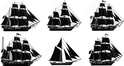 Vintage sailing ships silhouette collection, classic pirate sailboats and old wooden vessels isolated on white background nautical maritime illustration set