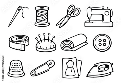 Hand-drawn Sewing and Tailoring Craft Tools Icons Collection