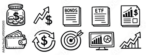 Doodle Investment and Money Management Icons Collection for Finance Concepts