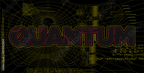 Quantum word on high tech background with quantum computer parts and scientific diagrams