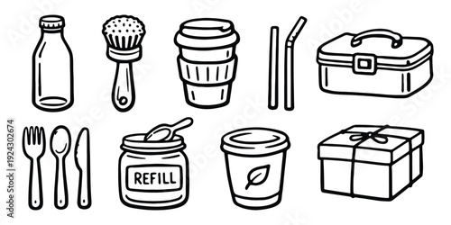Set of hand-drawn eco-friendly and reusable items including a bottle, brush, coffee cup, straws, lunch box, and cutlery.