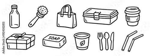 Hand-drawn set of zero-waste and reusable lifestyle items, including a bottle, tote bag, soap, and coffee cup.