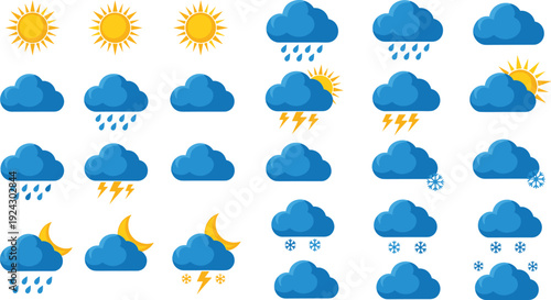 Weather icons set, sun cloud rain snow thunderstorm symbols, colorful meteorology forecast elements isolated on white background, climate illustration collection