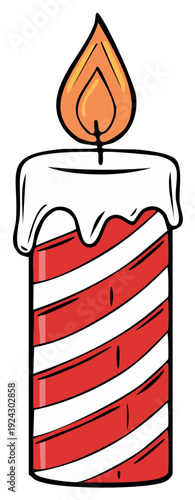 Cartoon illustration of a burning candle with red and white stripes, wax dripping, and flame.