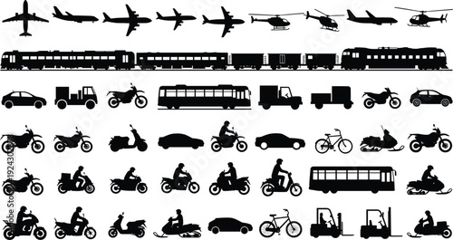 Transportation silhouette collection, various vehicles including airplanes, trains, buses, cars, trucks, motorcycles isolated on white background transport illustration set design