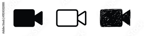 Video camera or recorder icons set in solid, outline, and hand-drawn styles, representing multimedia.