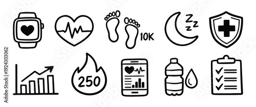 Health, Fitness and Wellness Tracking Icon Set with Smartwatch, Heartbeat, and Sleep Symbols