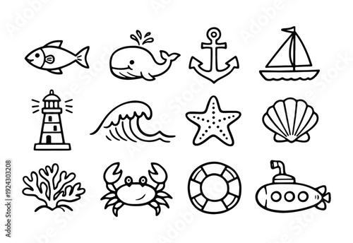 Hand Drawn Marine and Sea Life Doodle Icons Set: Nautical Ocean Symbols