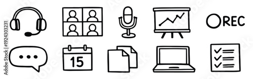 Online communication and remote work hand-drawn icons set. Vector illustration of virtual meeting, video call, microphone, and office elements.