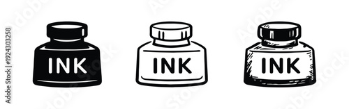 Ink bottle icon with "INK" text in three styles. Vector illustration of liquid ink, calligraphy, writing, and printing.