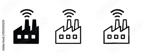 Smart factory icon with Wi-Fi signal in three styles. Vector illustration of Industry 4.0, IoT, and industrial automation.