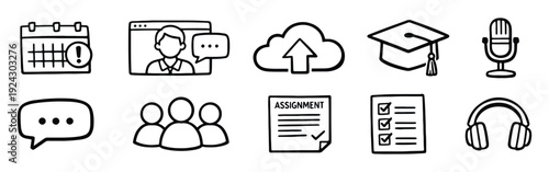 Online learning and education hand-drawn icons set. Vector illustration of e-learning, virtual classroom, assignments, and digital resources.