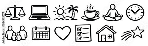 Lifestyle and well-being hand-drawn icons set. Vector illustration of work-life balance, relaxation, and everyday elements.