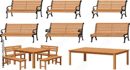 Wooden park benches and outdoor table set, garden furniture collection isolated on white background, classic street seating vector illustration