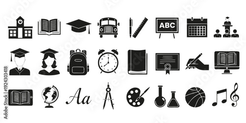 School Building Open Book Graduation Cap School Bus Pen Ruler Blackboard Calendar Graduation... (34