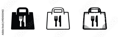 Takeaway Food Bag Icon Set with Fork and Knife Symbols | Delivery Service and Restaurant Takeout