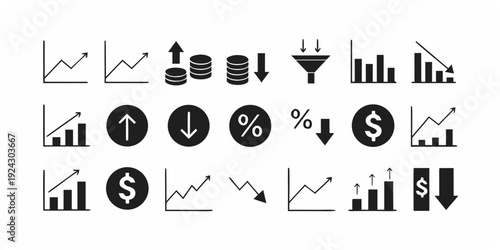 Collection of black financial and business graph with arrows and currency symbols finance chart desi