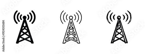 Communication Tower and Antenna Icons Set. Radio Tower, Cell Phone Tower, and Broadcast Tower Symbols.