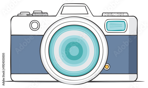 Cartoon camera illustration with blue and white design, flat lay art style