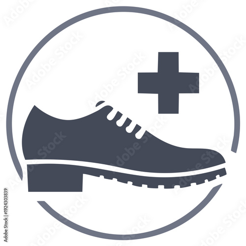 Flat vector icon of a shoe and plus sign for safety, medical, and orthopedic footwear concepts