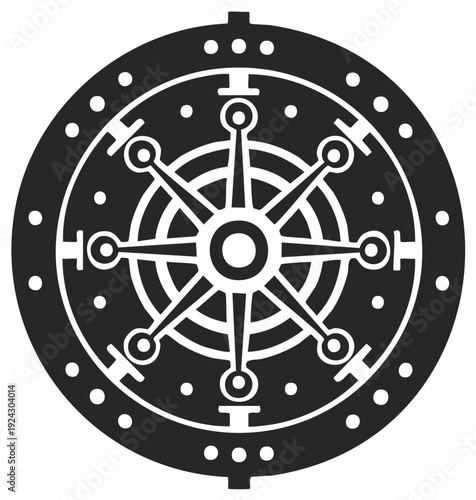 Stylized Compass Rose Graphic with Eight Points and Decorative Outer Ring