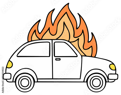 Cartoon car engulfed in flames with dramatic orange and yellow fire