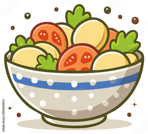 Cartoon Bowl of Fresh Salad with Tomatoes and Lettuce