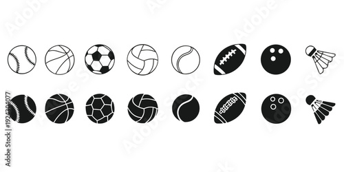 Collection of Sports Balls and Shuttlecock in Outline and Solid Styles de