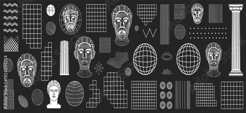 Black and White Geometric and Classical Elements Collage on Black Background Keywords: abstract, geometric, classical, elements
