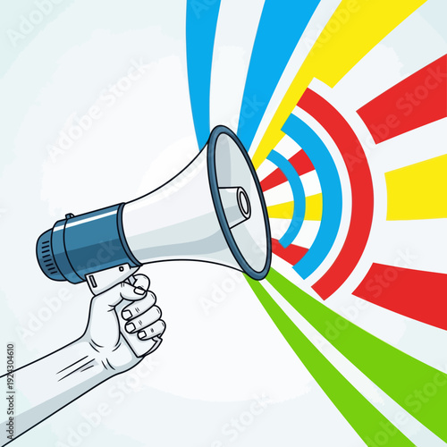 Hand holding megaphone with colorful sound waves radiating out