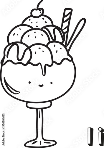 Cute Doodle Ice Cream Sundae Coloring Page for Kids Printable Worksheet