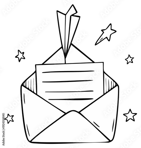 Hand Drawn Open Envelope With Paper Airplane Emerging and Stars Illustration