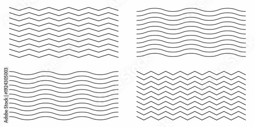Water waves. Set of wavy zigzag lines. Wave thin line background. Vector zigzag and wavy horizontal modern.