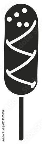 Silhouette of a corn dog on a stick with mustard and other toppings