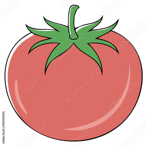 Simple cartoon illustration of a ripe red tomato with green stem and leaves