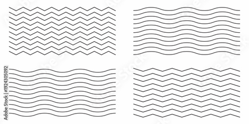 Water waves. Set of wavy zigzag lines. Wave thin line background. Vector zigzag and wavy horizontal modern.