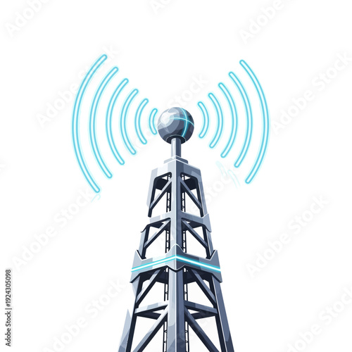 Modern communication tower with glowing blue signal waves