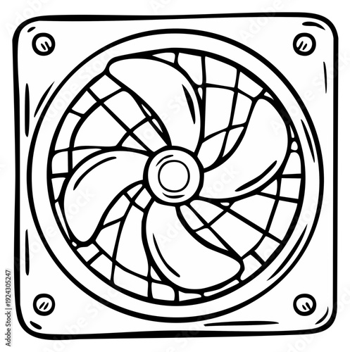 Hand Drawn Computer Fan With Blades and Grate