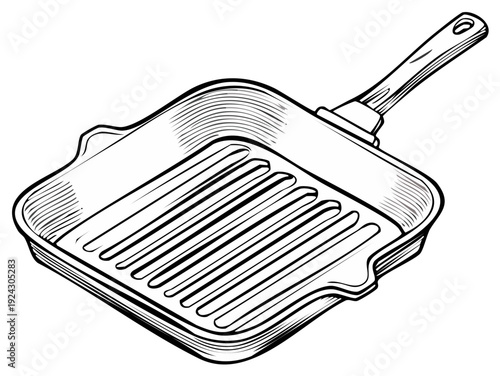 Black and White Illustration of a Square Griddle Pan for Cooking and Grilling Food