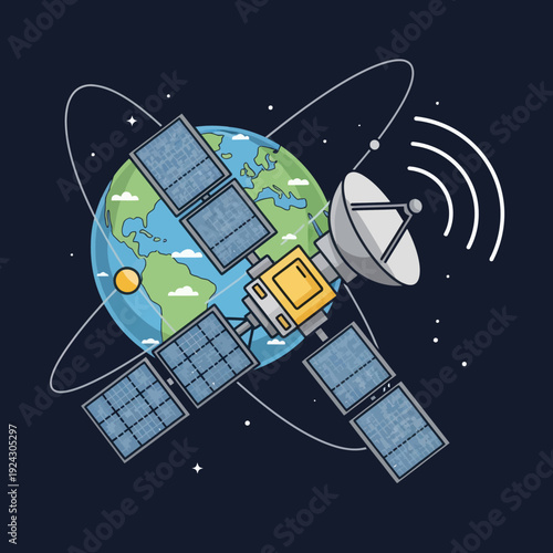 Satellite orbiting Earth with solar panels and communication dish in space