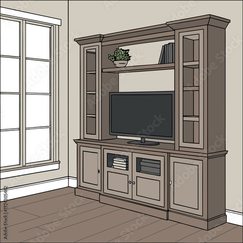 A cozy modern living room with a wooden TV stand and bookshelf, flat-screen TV, small potted plant, framed picture, large window with grid panels, wooden floor, and neutral beige walls, minimalist sty