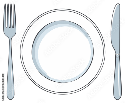 Elegant table setting, featuring a clean white plate flanked by a sleek knife and fork, hinting at fine dining and culinary presentations