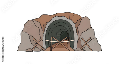 Blocked tunnel entrance with barriers and rocky surroundings  