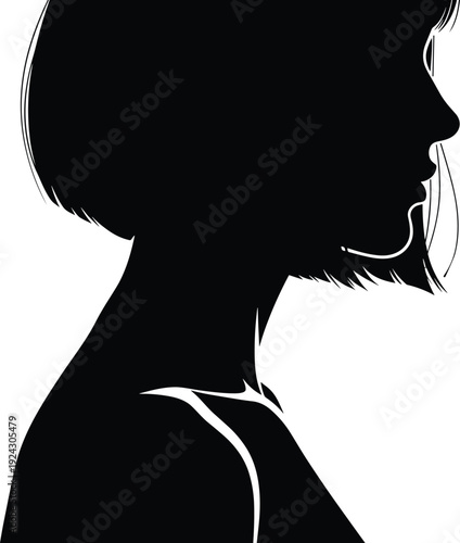 Woman profile silhouette illustration, female face side view portrait, minimalist black and white vector design isolated background